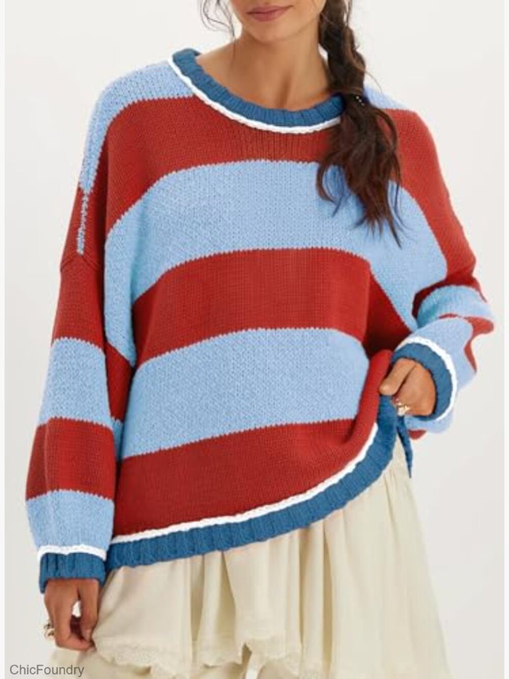 Chunky Knit Striped Sweater Oversized Pullover Long Sleeve Crew Neck - Picture 3 of 7